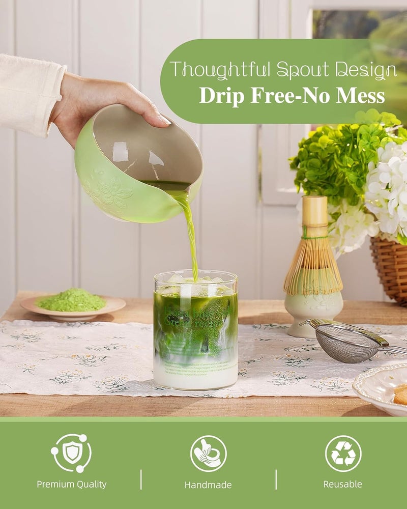 Zens Matcha Whisk Set, Ceramic Matcha Tea Set with 15oz Sakura Bowl and Bamboo Whisk & Scoop, (Chasen Holder), Stainless Sifter-Tea Towel, 6pcs Matcha Kit for Matcha Lovers, Green - Image 3